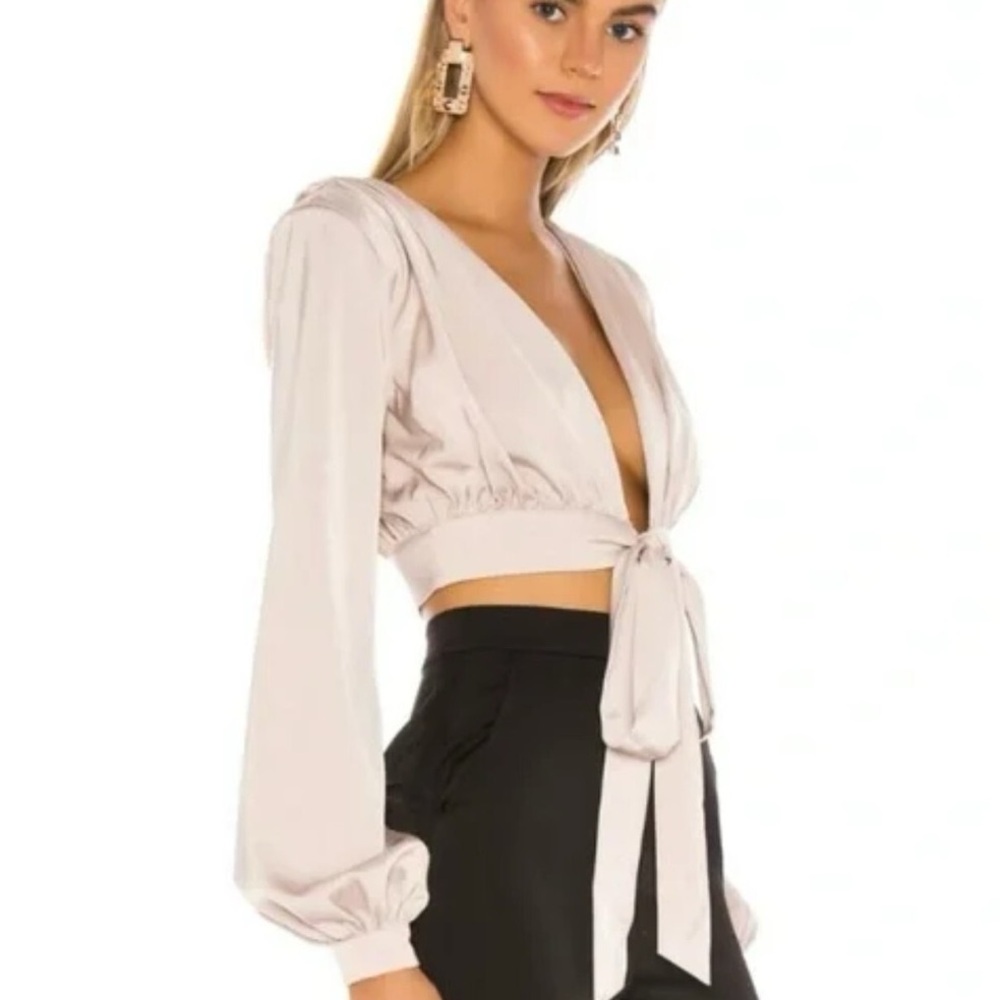 REVOLVE NBD Imogen Satin Crop Top Long Sleeve Wrap Color Champagne Small - Picture 2 of 12